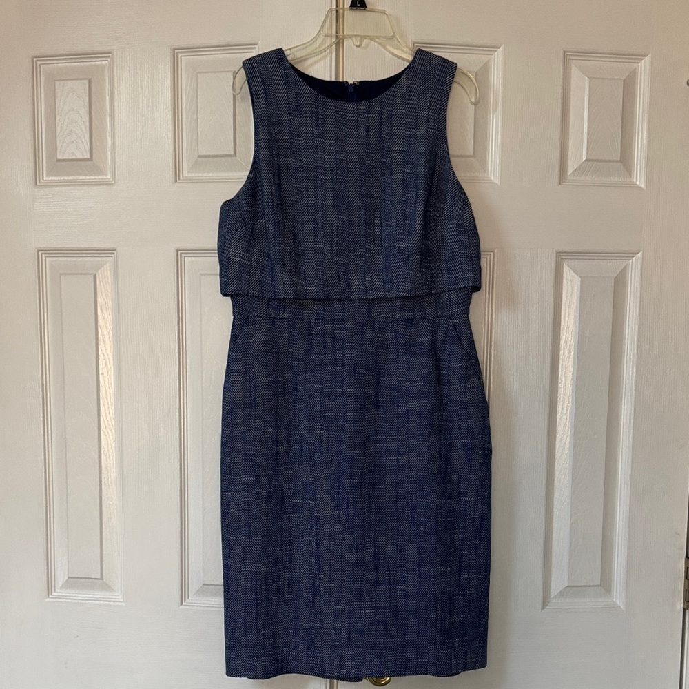 J. Crew Elegant Linen Blend Blue Herringbone
Sleeveless Sheath Dress Size 8